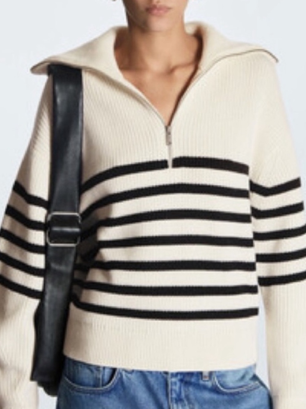 COS Cream and Black Half-Zip turtleneck Striped Funnel Sweater size medium